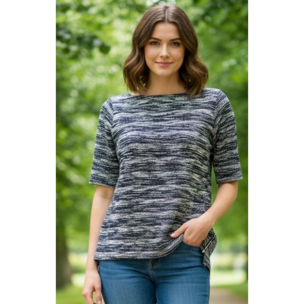 The Limited Navy & White Marled Boat Neck Elbow Sleeve Side Zipper Top